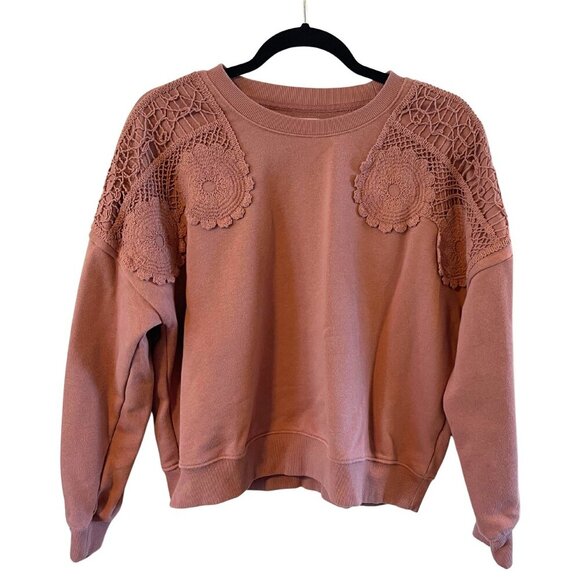 C&C California Cotton Terry Crochet Rust Rose Pullover Sweatshirt Top L - Picture 1 of 6